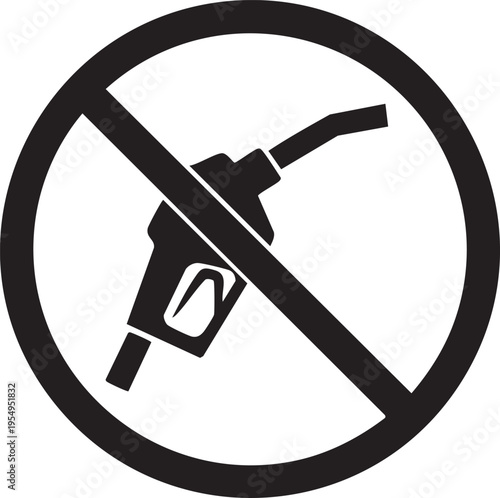 A black and white vector illustration of a no refueling symbol featuring a gasoline pump nozzle crossed out within a circular prohibition sign