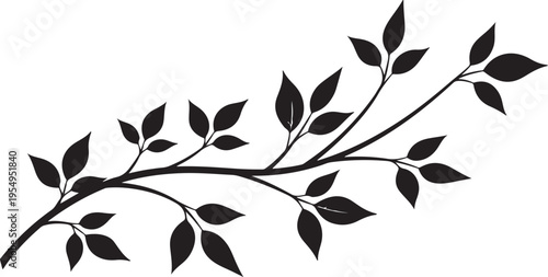 A minimalist black silhouette of a slender tree branch adorned with delicate pointed green leaves