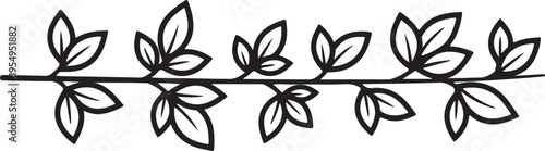 A horizontal vine border illustration featuring simple hand drawn leaves on a solid white background