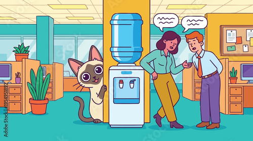 A Curious Siamese Cat Playfully Peeking from Behind a Water Cooler, Observing Two Colleagues Engaged in a Casual Conversation in a Bright Office Setting
