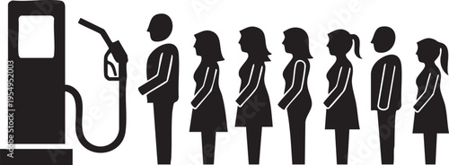 A black and white pictogram illustration showing a group of people standing in a long line waiting to use a fuel station gas pump for their vehicles