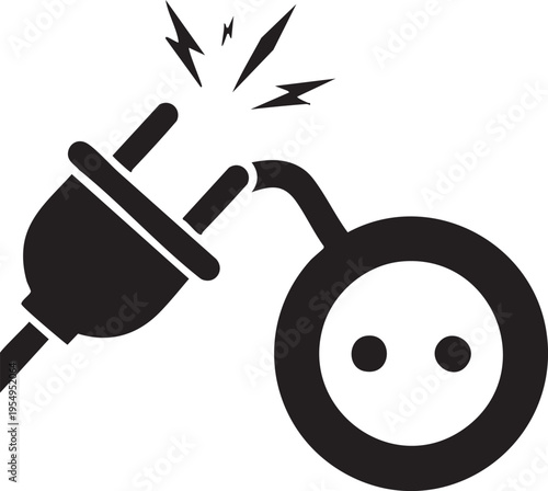 A minimalist black and white icon illustration depicting an electric plug being disconnected from a wall socket with sparks representing energy