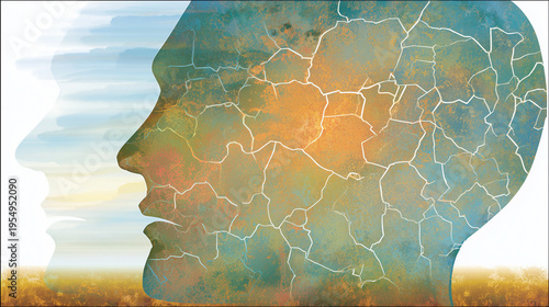 A fragmented human silhouette with hidden cracks, symbolizing unseen health threats and fragility.