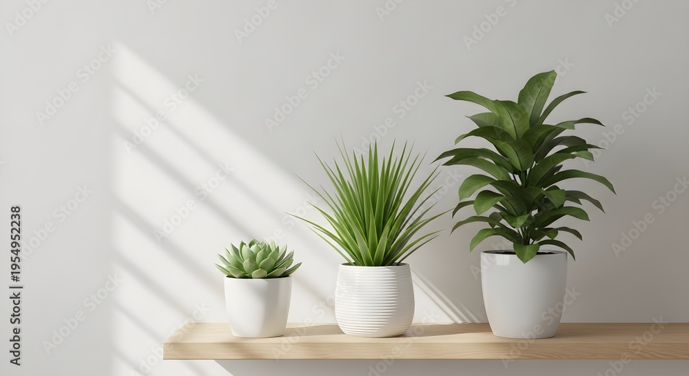 Fototapeta premium Three Potted Green Plants Sit On A Wooden Shelf With Sunlight