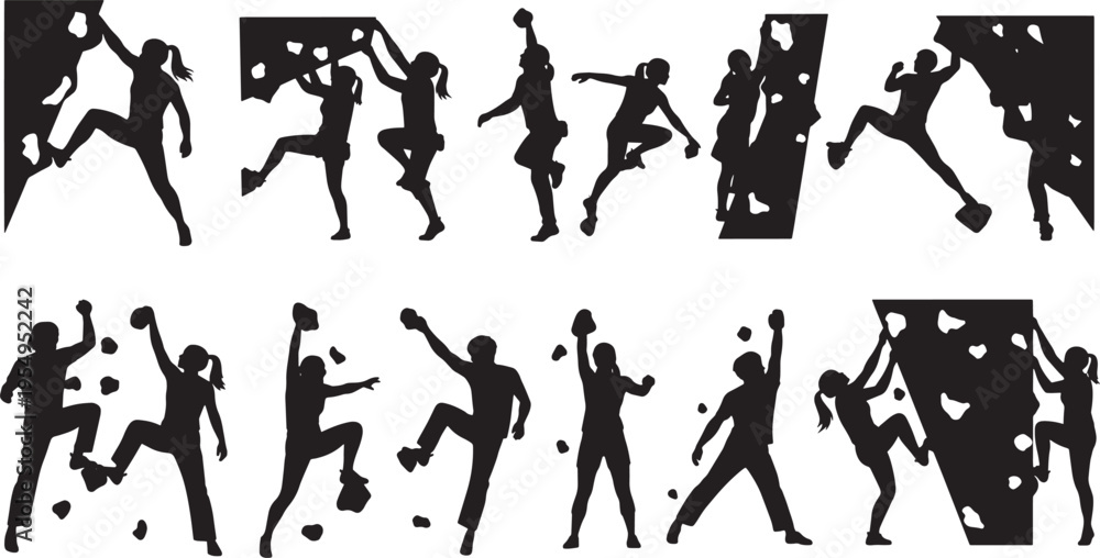 Fototapeta premium Diverse black vector silhouettes illustrating individuals engaged in the challenging sport of rock climbing and bouldering, demonstrating strength, agility, and the thrill of ascent