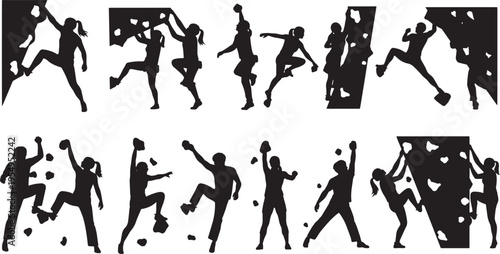 Diverse black vector silhouettes illustrating individuals engaged in the challenging sport of rock climbing and bouldering, demonstrating strength, agility, and the thrill of ascent