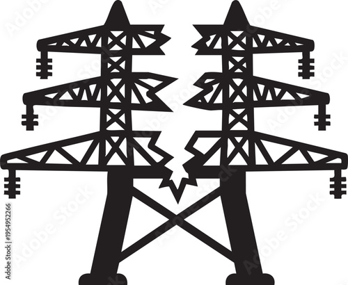 Black silhouette icon of two broken electricity transmission towers representing power outage and electrical grid failure for industrial energy concepts