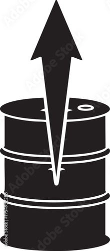 A minimalist black and white graphic icon showing a rising arrow emerging from a industrial oil barrel representing growth in the energy sector