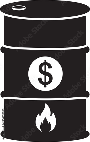 A black and white graphic illustration featuring an oil barrel icon with a dollar symbol and flame representing the cost of energy and fuel prices