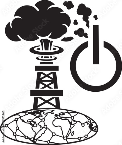 A conceptual black and white illustration depicting a global power shutdown triggered by an industrial explosion on a connected world map
