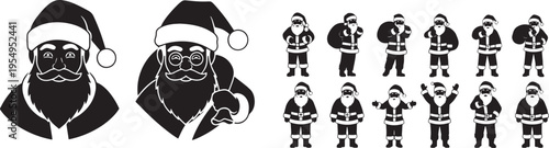 Diverse collection of vector silhouette icons depicting Santa Claus in various festive poses, perfect for holiday season designs and Christmas illustrations