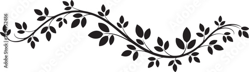 A minimalist black silhouette of a graceful flowing vine with delicate leaves on a white background