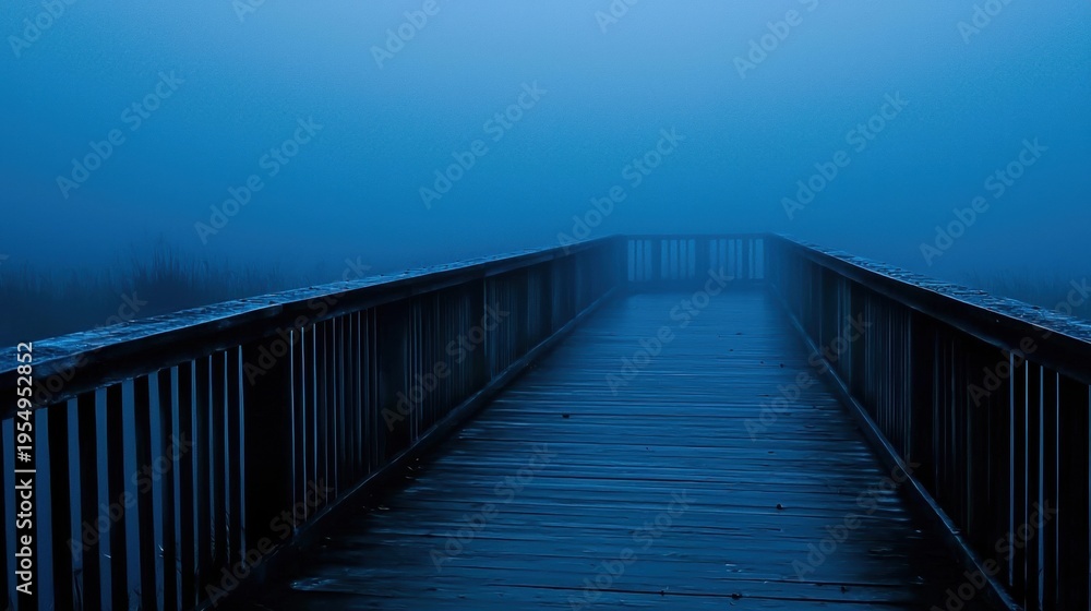 Fototapeta premium A wooden bridge with a railing and foggy background.