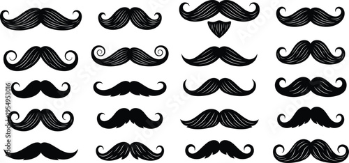 Mustache collection vector illustration, vintage beard and moustache styles set, hipster facial hair design, barber shop elements, retro grooming icons, isolated black silhouette bundle