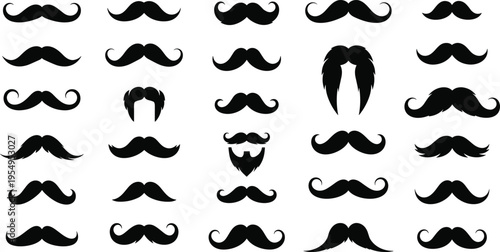 Mustache collection vector illustration set, vintage and modern facial hair styles, barber design elements, hipster grooming icons, retro moustache silhouettes, isolated black shape bundle
