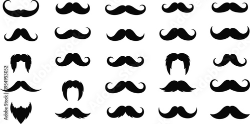 Mustache styles collection vector illustration, vintage and modern facial hair silhouettes, barber grooming design, hipster moustache icons set, retro style elements, isolated black bundle