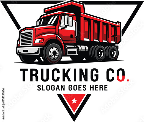 Red dump truck logo vector illustration, trucking company branding design, heavy duty transport vehicle emblem, construction hauling concept, logistics industry badge, modern corporate identity
