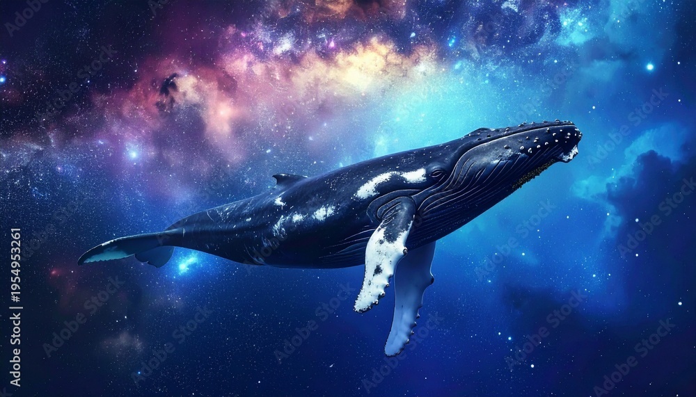 Fototapeta premium Majestic whale soaring through a vibrant cosmic galaxy fantasy artwork
