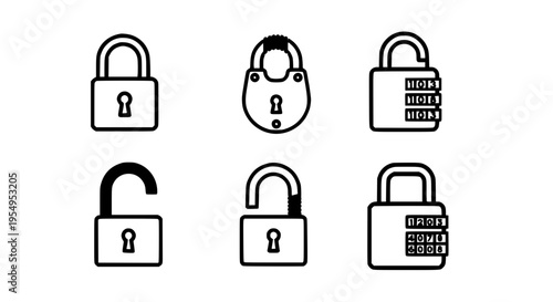 Locks black line icon set with combination and digital, secure, safety, protection symbols featuring lock, padlock, security with password and code
