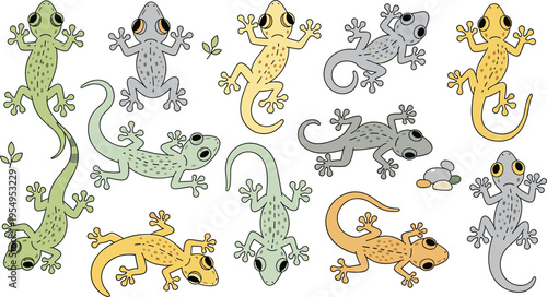Cute gecko and lizard vector character set featuring various tropical reptiles in different poses and colors for nature education wildlife illustrations and decorative mascot designs.