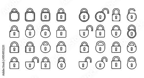 Locks line icon set with black outlines and various shapes and states featuring lock, padlock, outline with security and safety elements for