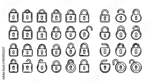Locks line icon set with black outlined padlocks and keys, various shapes and sizes. featuring lock, padlock, key with security and outline elements