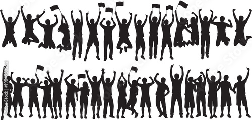 Dynamic silhouettes of ecstatic crowds celebrating collective triumph, arms raised high in pure joy and enthusiasm, symbolizing victory and shared success