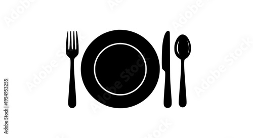 Plate dinnerware with fork knife and spoon in black silhouette on white background featuring dish, table setting, utensils with tableware and eating