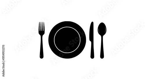 Tableware setting with plate, fork, knife, and spoon on white background featuring dining, eating, utensils with flatware and dish elements for