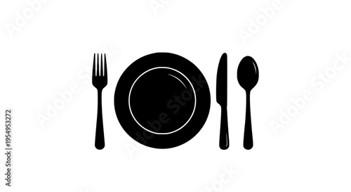 Plate dining setting with fork knife and spoon icons in black silhouette style featuring utensils, icon, illustration with graphic and vector