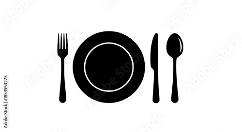 Table setting with plate, fork, knife and spoon in black silhouette on white background featuring utensils, dining, meal with flatware and dish