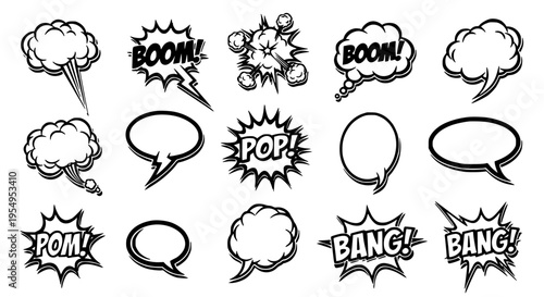 Speech bubbles comic book style with boom pop and bang effects featuring pom, black and white, illustrations with graphic resources and graphic