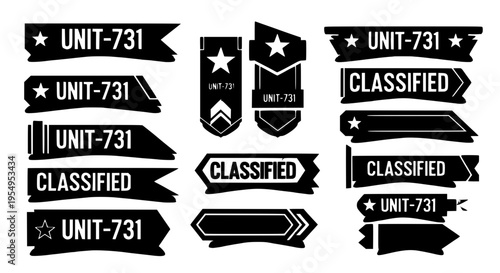 Labels military set with UNIT-731 and CLASSIFIED text, black and white badges with star symbols and ribbons