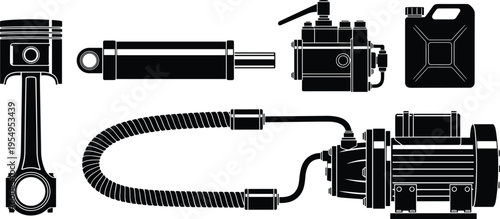 Industrial Mechanical Parts Set Featuring Hydraulic Cylinder Piston Engine Pump Electric Motor And Oil Can Silhouettes For Engineering And Manufacturing Design.