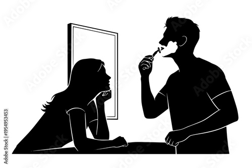 Husband Shaving Wife Talking Bathroom Connection Shared Morning Routine Marriage Black Vector Silhouette