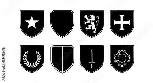 Shields heraldic set with star, lion, cross, laurel, sword and flower symbols in black and white featuring crest, coat of arms, emblems with logos