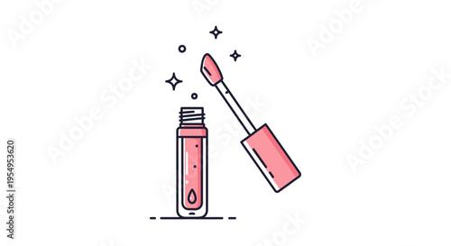 Open Pink Lip Gloss Tube with Applicator Brush, Playful Sparkles and Decor, Isolated White Background