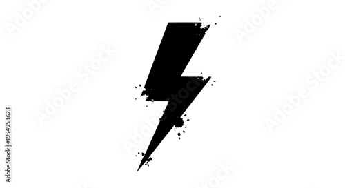 Lightning bolt icon with black grunge effect and splatters, electric symbol featuring electricity, energy, power with stormy weather and graphic
