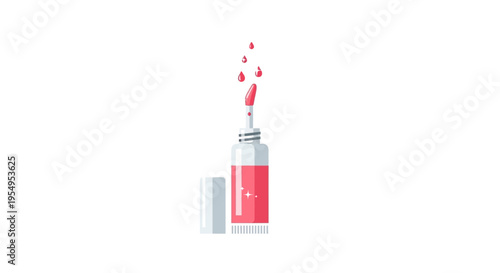 Open Vibrant Red Cosmetic Tube with Liquid Drops, Lip Gloss or Nail Polish, Isolated White Background