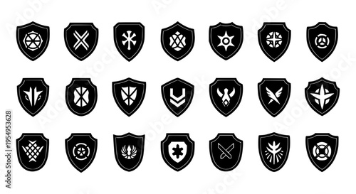 Shields heraldic emblem set with black and white symbols and logos featuring crest, coat of arms, symbol with logo and icon elements for collection,