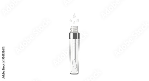 Open Lip Gloss or Serum Tube with Applicator and Liquid Drops, Minimal Outline, Isolated White Background