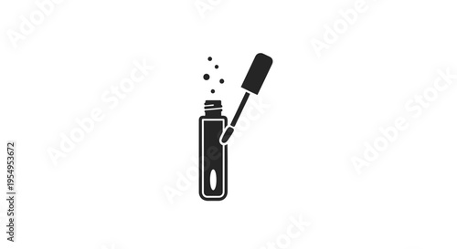 Black Mascara or Lip Gloss Tube with Applicator and Tiny Particles, Minimal Outline, Isolated White Background