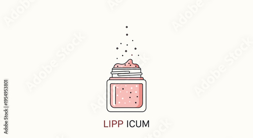Outline Pink Cosmetic Cream Jar with "LIPP ICUM" Label and Rising Particles, Skincare Beauty Product Isolated White Background.