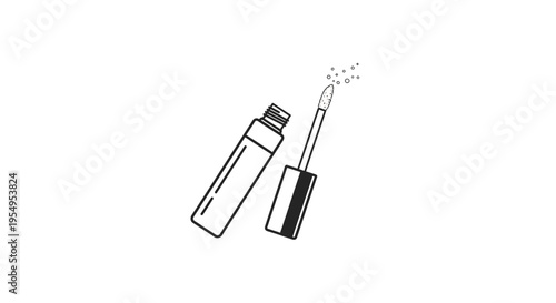 Outline Icon of Open Lip Gloss Tube with Applicator and Sparkles, Cosmetic Makeup Product on Isolated White Background