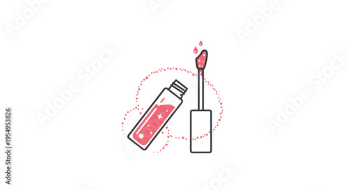 Open Red Lip Gloss Tube Icon with Applicator and Drips, Cosmetic Makeup Product on Isolated White Background