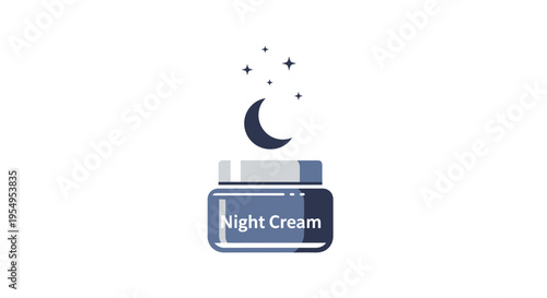 Modern Dark Blue Night Cream Jar with Text, Crescent Moon and Sparkles Icon, Skincare Product on Isolated White Background