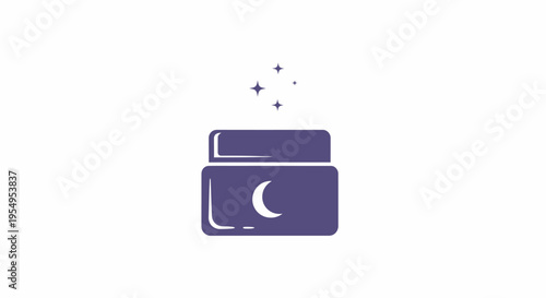 Elegant Dark Purple Cream Jar with Crescent Moon and Sparkles Icon, Night Skincare Product on Isolated White Background