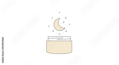 Gentle Beige Cream Jar with Crescent Moon and Sparkle Dots Icon, Skincare Product Symbol on Isolated White Background