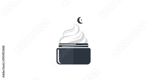 Elegant Dark Cosmetic Cream Jar with White Swirl and Crescent Moon Icon, Skincare Product Symbol on Isolated White Background