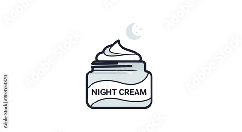 Modern Dark Jar of Night Cream with White Swirl and Crescent Moon Icon, Skincare Product Labelled on Isolated White Background